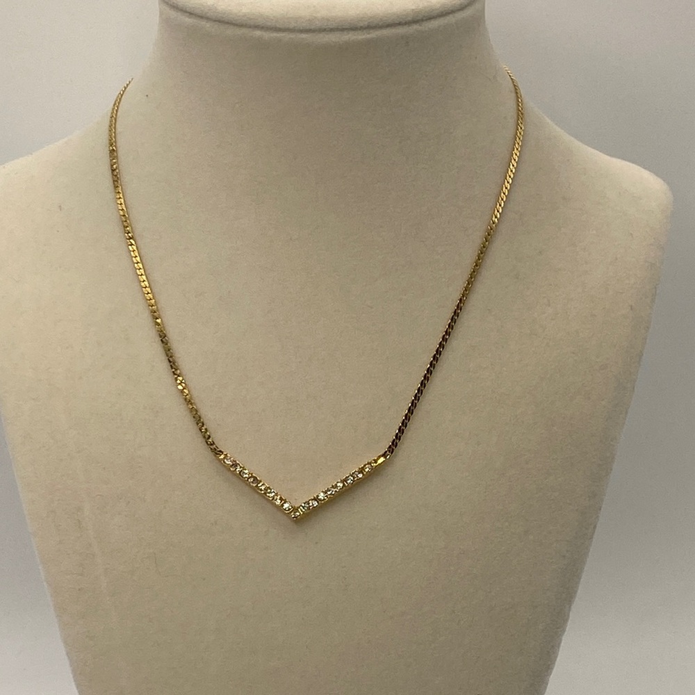 Elegant Vintage Monet V Gold Tone Necklace with Clear Rhinestones